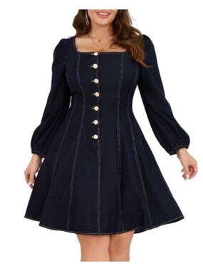 Plus Size Button Down Mini Denim Dress Long Sleeve Lace-Up Back Pockets